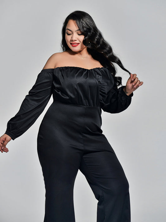 Off Shoulder Ruched Bust Flare Leg Jumpsuit