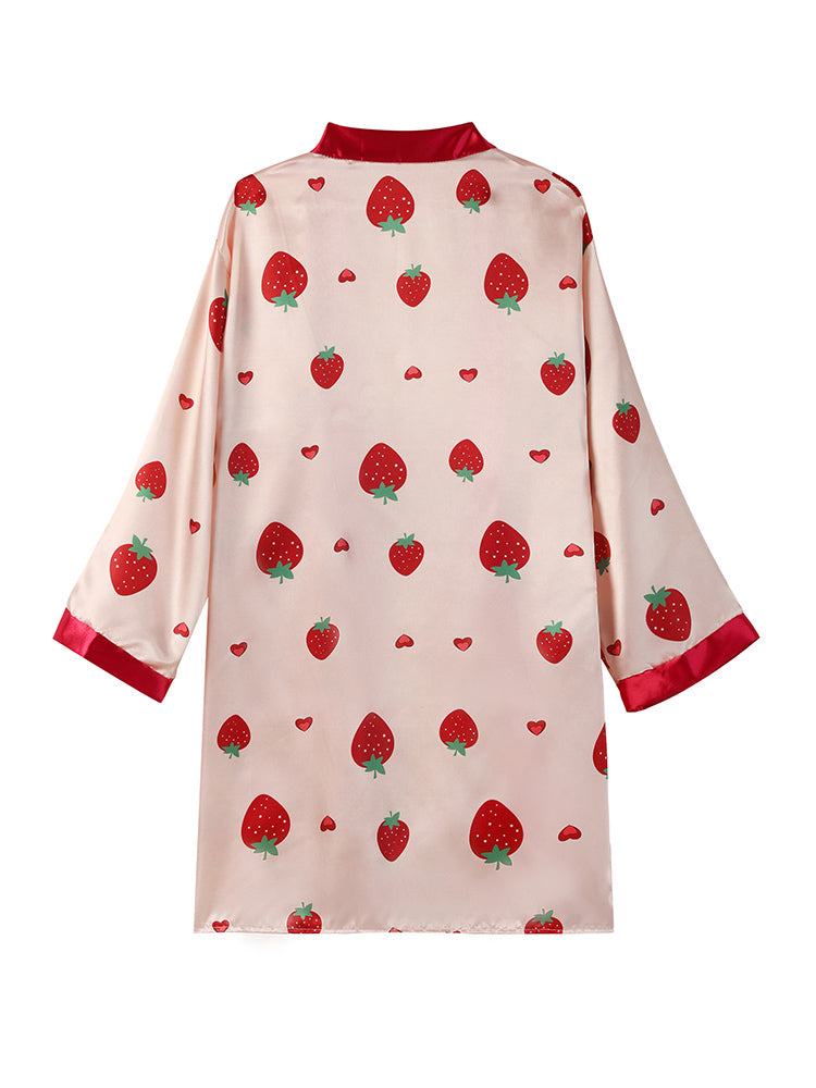 4pcs Strawberry Print Satin Belted Pajama Set