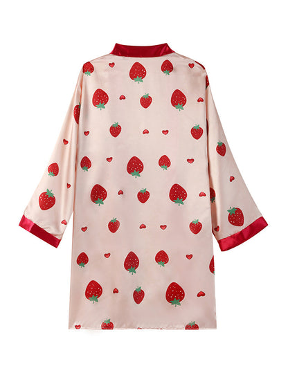 4pcs Strawberry Print Satin Belted Pajama Set