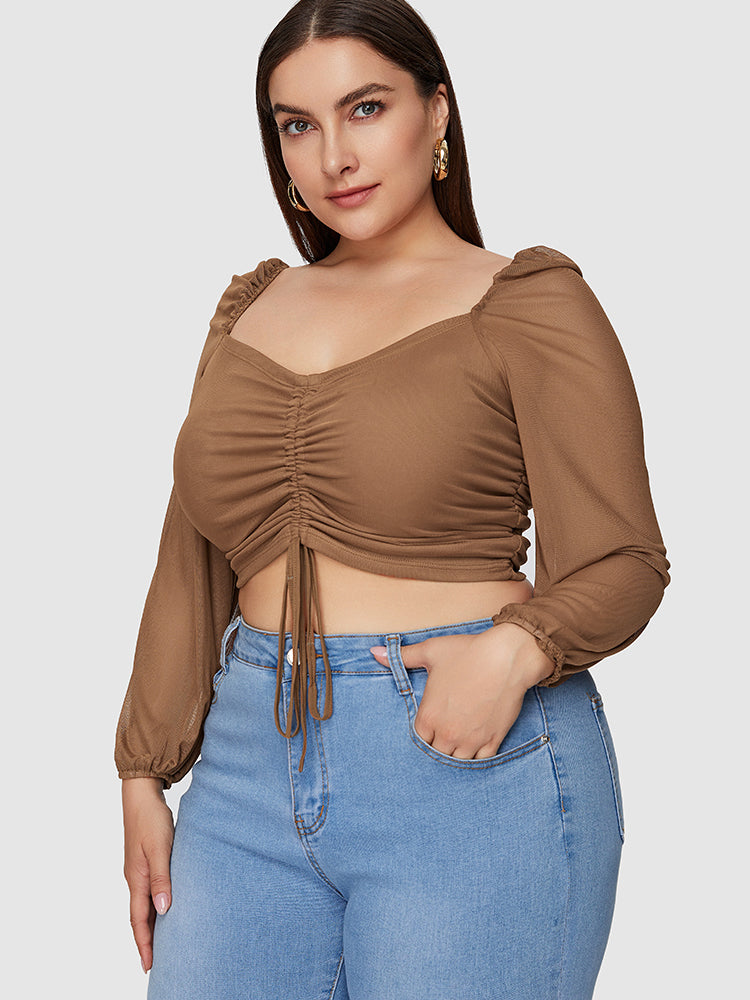Bishop Sleeve Mesh Drawstring Crop Blouse