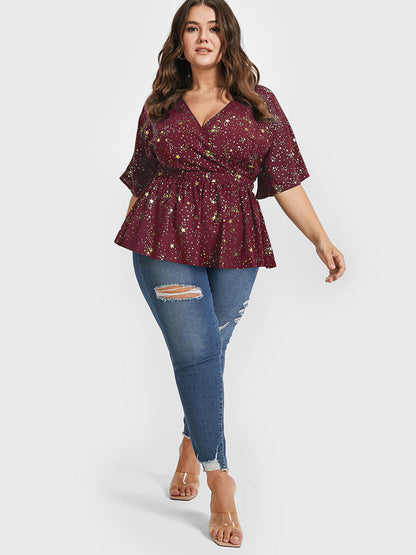 Star Printed Elastic Waist Ruffled V Neck Blouse