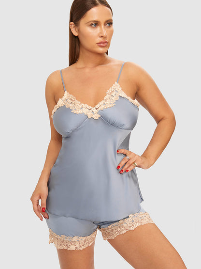 3pcs Satin Lace Trim Cami Pajama Set