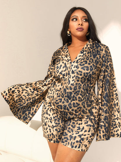 Leopard Print Flared Sleeve V-neck Jumpsuit