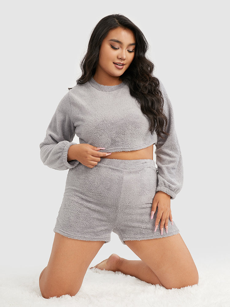 Solid Crop Top & Shorts Flannel Lounge Set