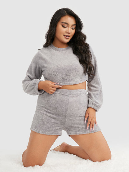 Solid Crop Top & Shorts Flannel Lounge Set