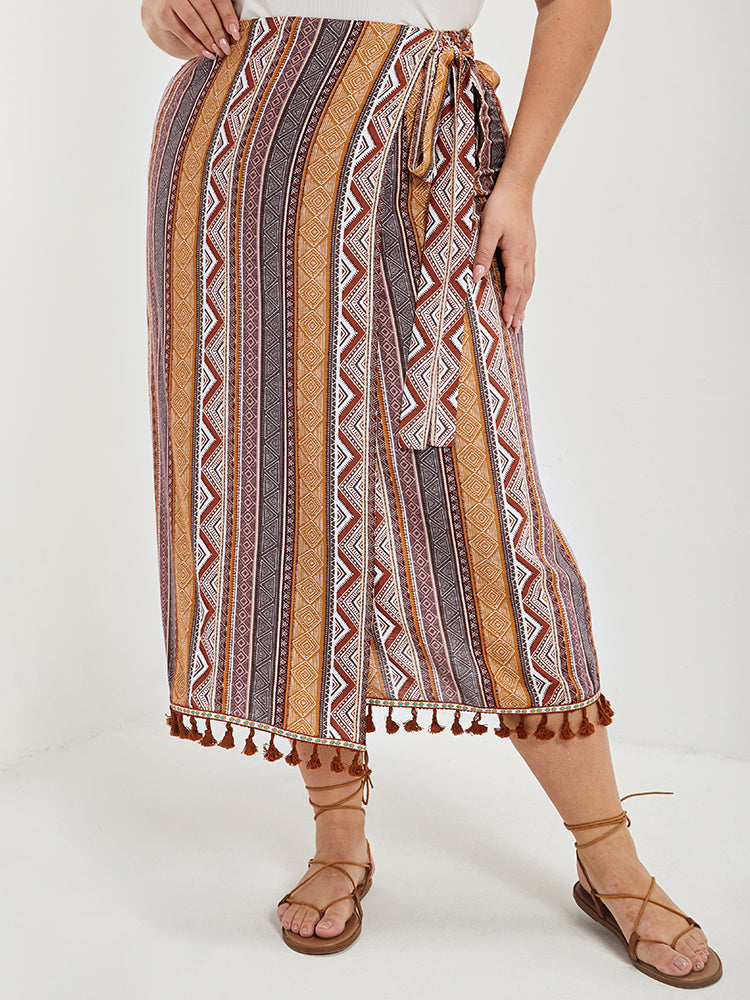 Geo Print Wrap Knot Fringe Hem Skirt