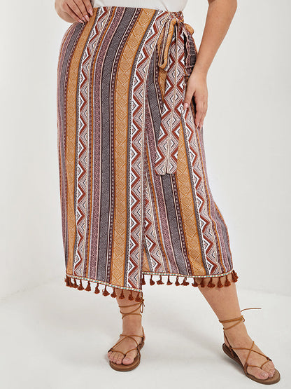 Geo Print Wrap Knot Fringe Hem Skirt