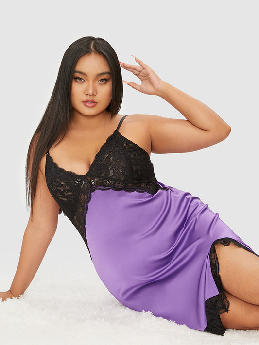 Samantha Casual At Home - Contrast Lace Split Sleep Dress