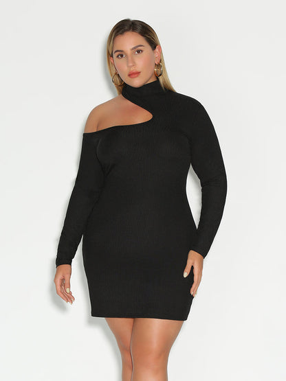 Cut Out Shoulder Rib-knit Dress