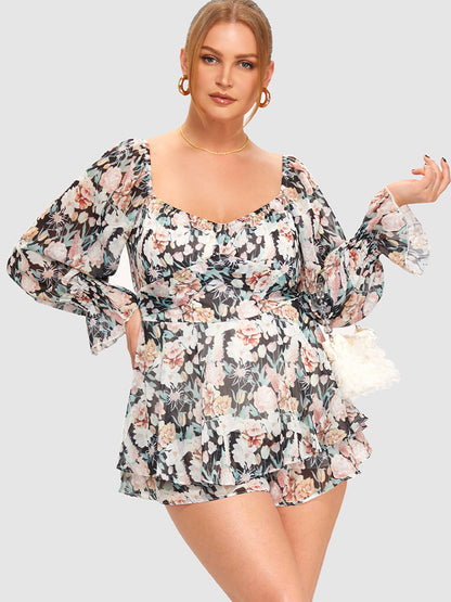 Square Neck Floral Pattern Ties Romper