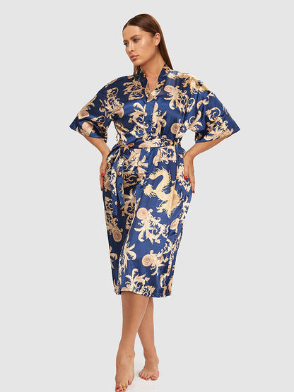 Scarf Art Print Satin Belted Night Robe