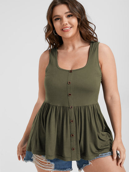 Solid Scoop Neck Button Front Tank Top