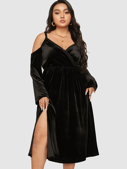 Velvet Cut Out Lace Trim Split Dress