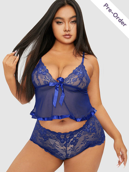 Bowknot Front Lace Mesh Sheer Lingerie Set