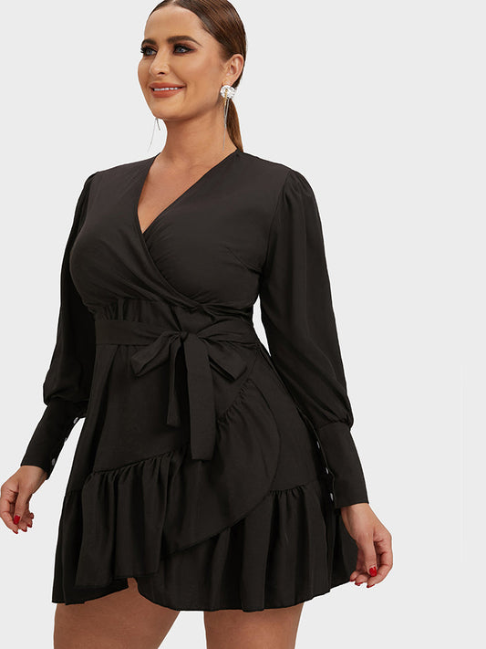 Lantern Sleeve Ruffled Wrap Knot Dress