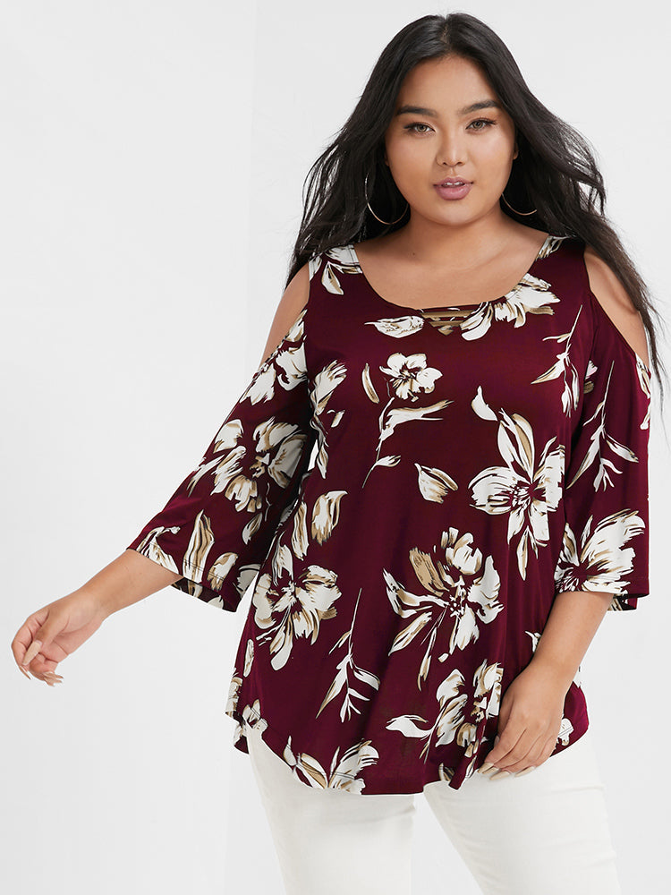 Floral Print Ruffles Cold Shoulder T-shirt