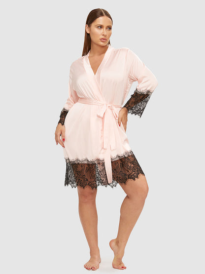 Eyelash Lace Trim Satin Night Robe