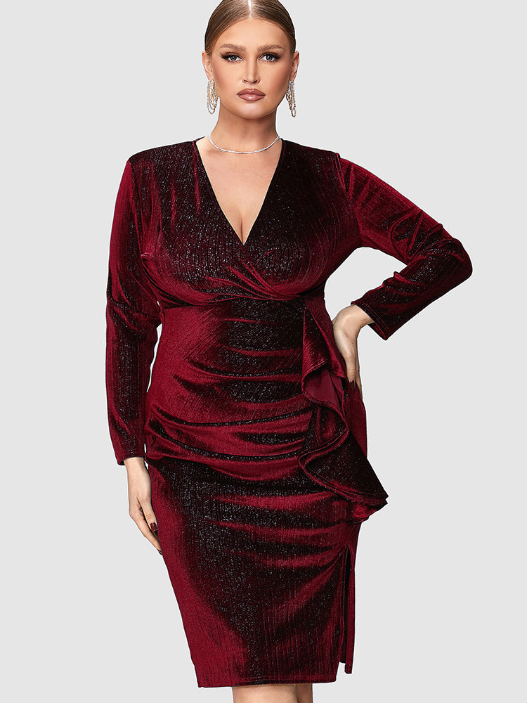 Solid Ruffles Velvet Bodycon Dress