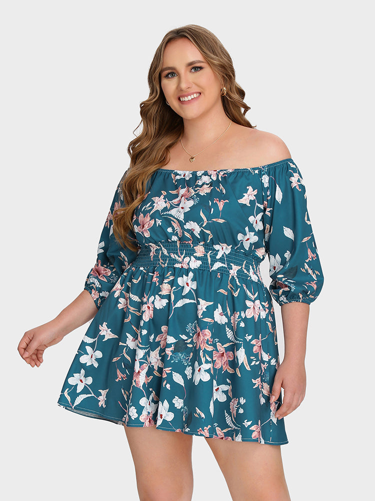 Floral Off Shoulder Shirred Dress