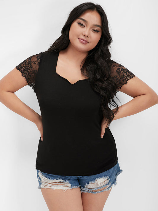 Solid Lace Sleeve Notched T-shirt
