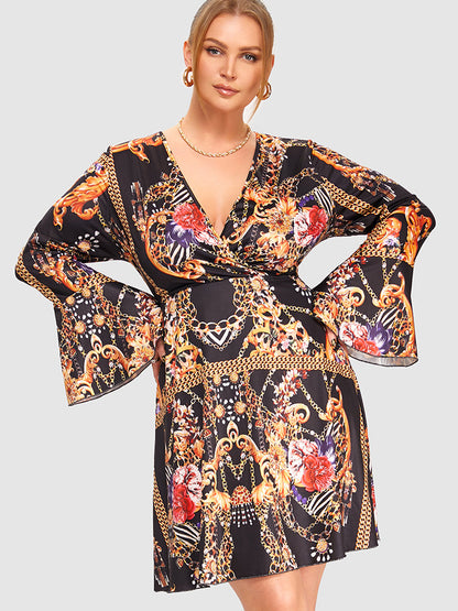 Chain Pattern Flounce Sleeve Dress