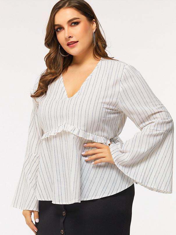 Plus Striped Flared Sleeve V-neck Blouse