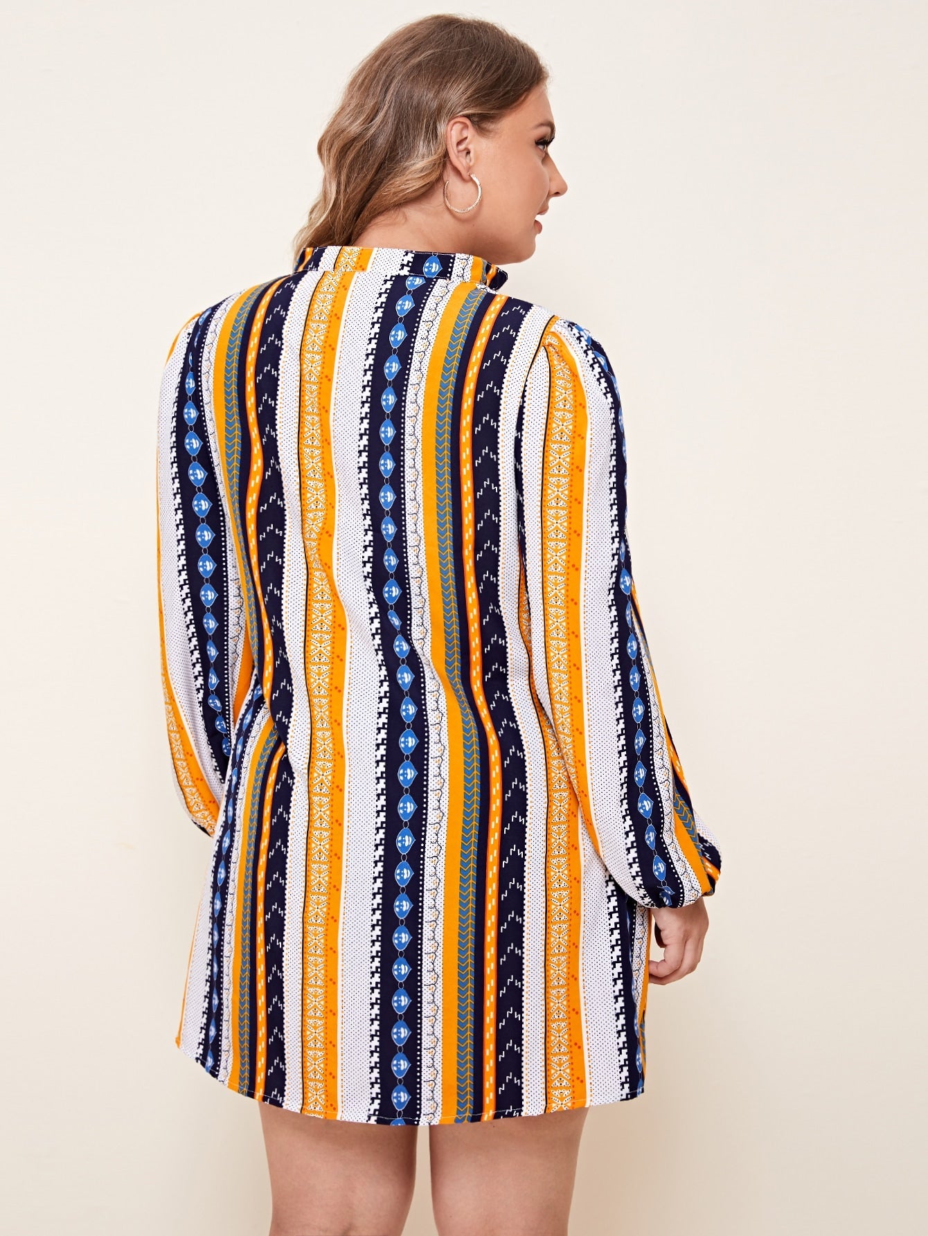 Notched Neck Colorful Stripe Tunic Dress