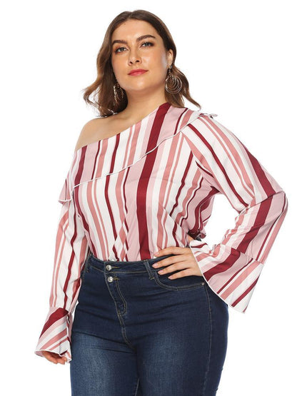 Stripe Off-shoulder Flared Sleeve Top