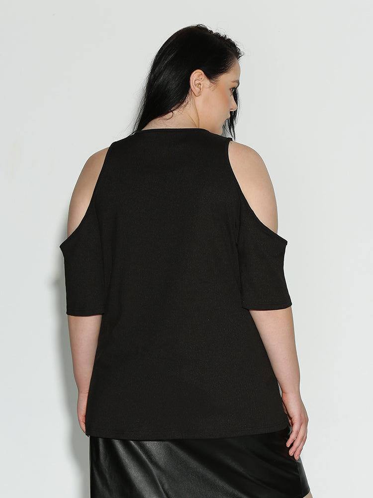 Cold Shoulder Zip V-Neck Top