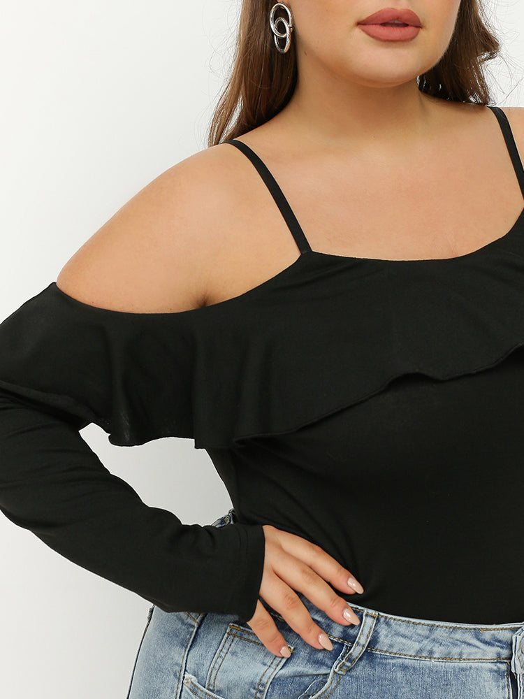 Ruffled Long-sleeved Cold Shoulder Top