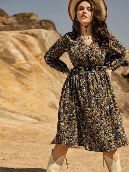 V Neck Ditsy Floral  Dress Without Belt