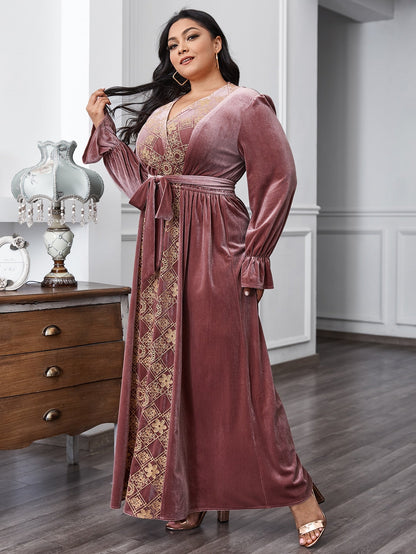 Floral & Argyle Embroidered Belt Velvet A-line Dress