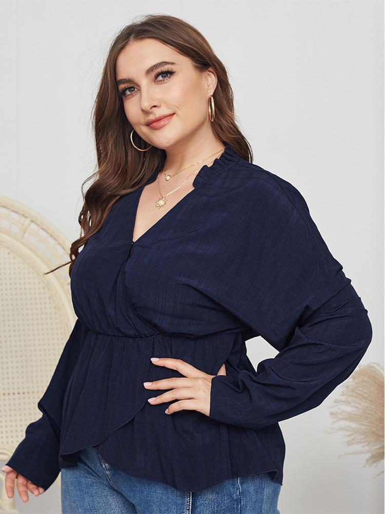 Grid Wrap V-neck Stand Collar Blouse