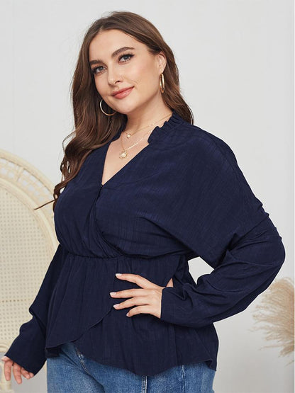 Grid Wrap V-neck Stand Collar Blouse