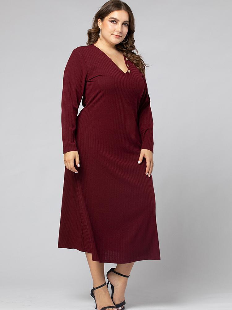 Button V-neck Basic Maxi Dress