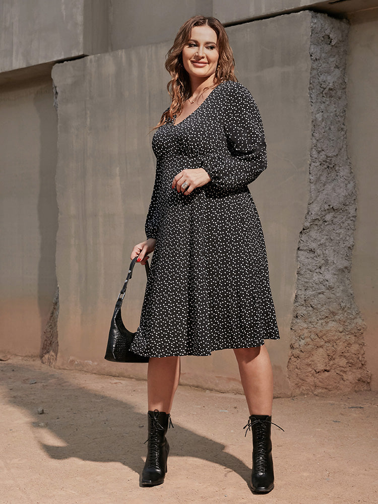V Neck Polka Dot Split Hem Dress