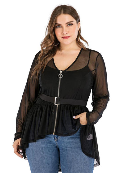 Ruffle Hem Zipper Up Belt Sheer Jacket