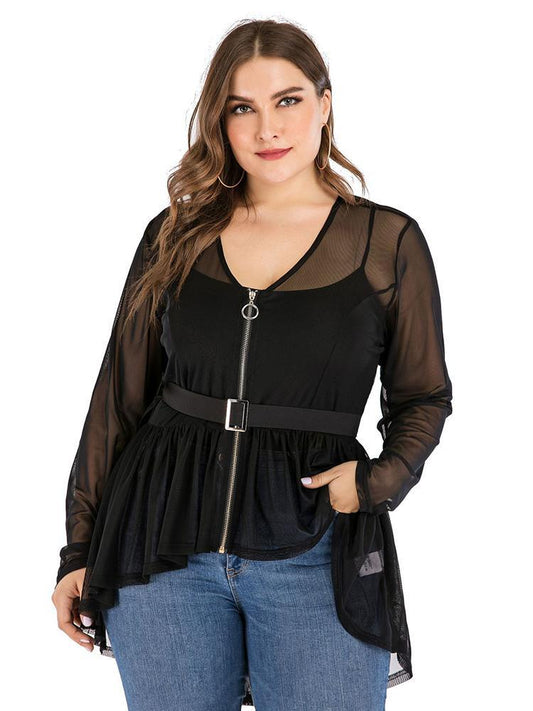 Ruffle Hem Zipper Up Belt Sheer Jacket