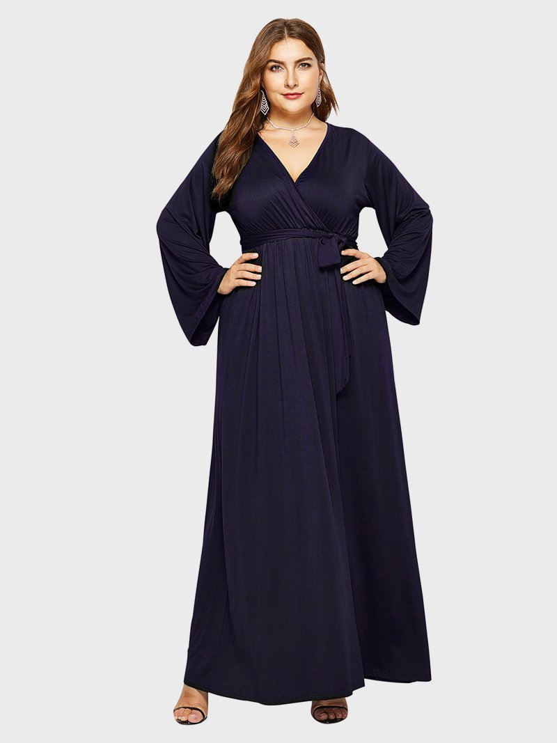 Belt V-neck Solid Color Maxi Dress