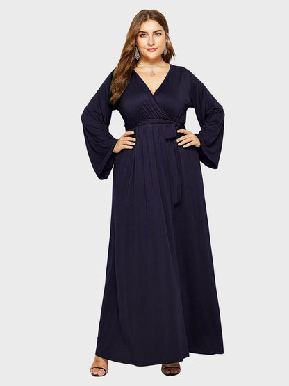 Belt V-neck Solid Color Maxi Dress