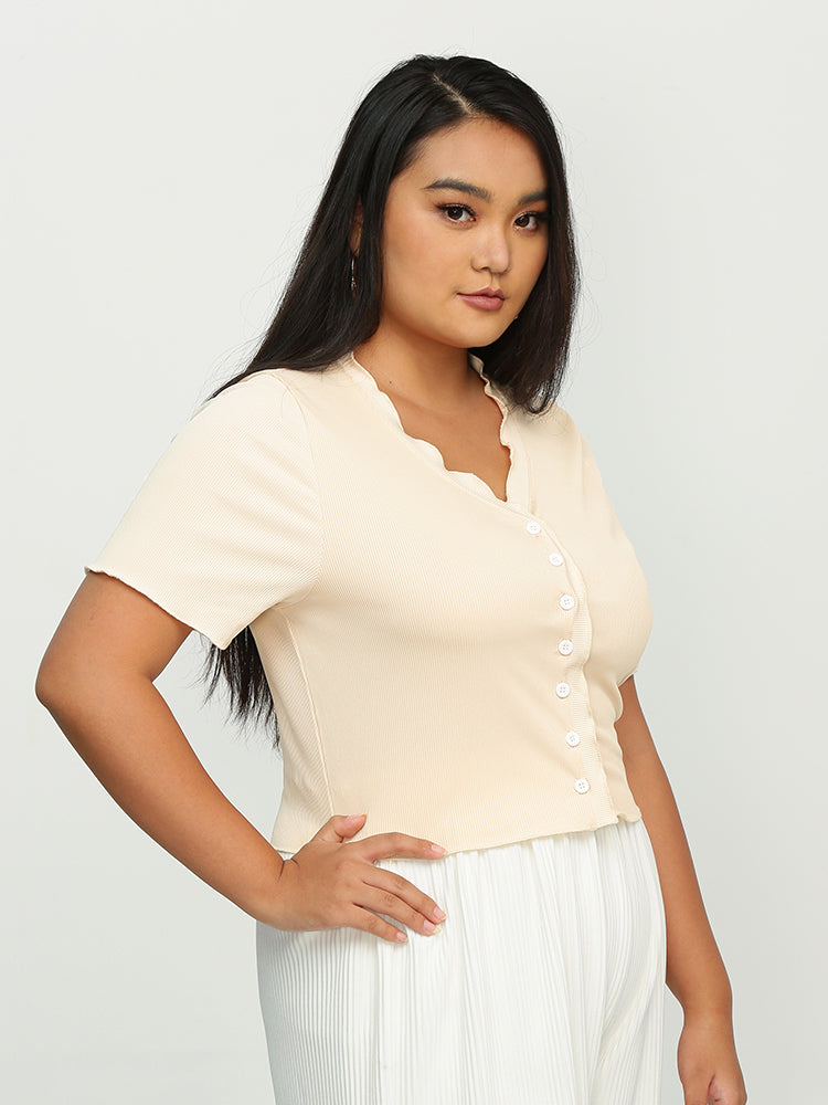 Frill Neckline Button T-Shirt