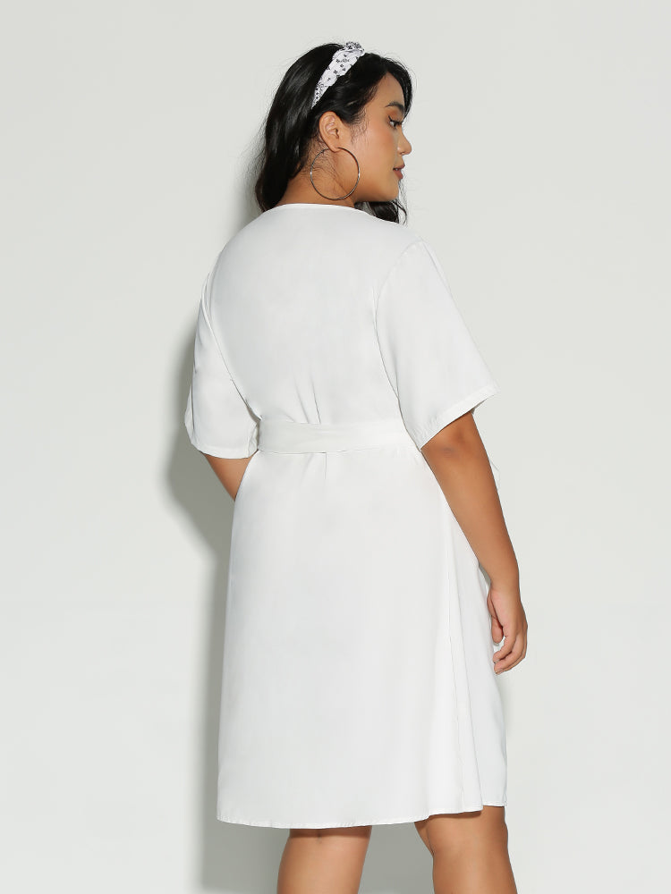 Button Bowknot Surplice Neck Dress
