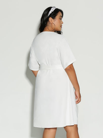 Button Bowknot Surplice Neck Dress
