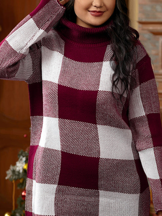 Plaid Funnel Neck Sweater Dress