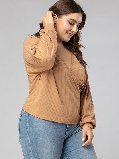 Rib-Knit Wrap Solid Color Casual Top