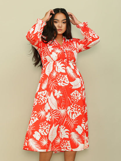 Leaf Slit V-neck Dress