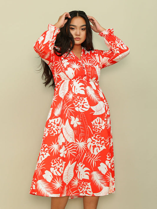 Leaf Slit V-neck Dress