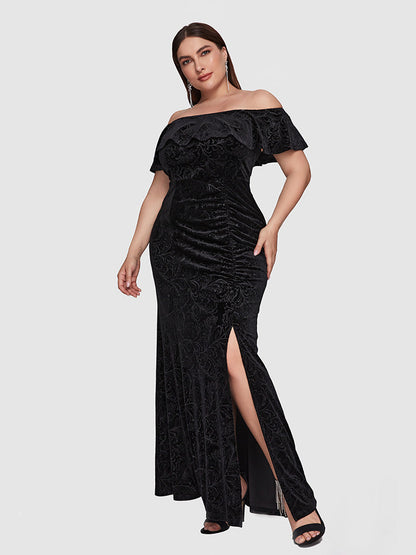 Velvet Floral Print Ruffled Ruched Split Dress