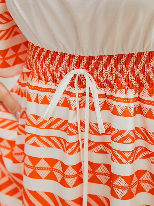 Geometric Print Pocket Flutter Hem Knot Shirred Dress