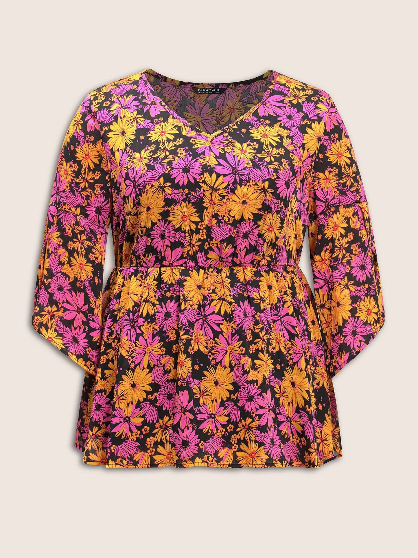 Floral Print Elastic Waist Petal Sleeve Blouse
